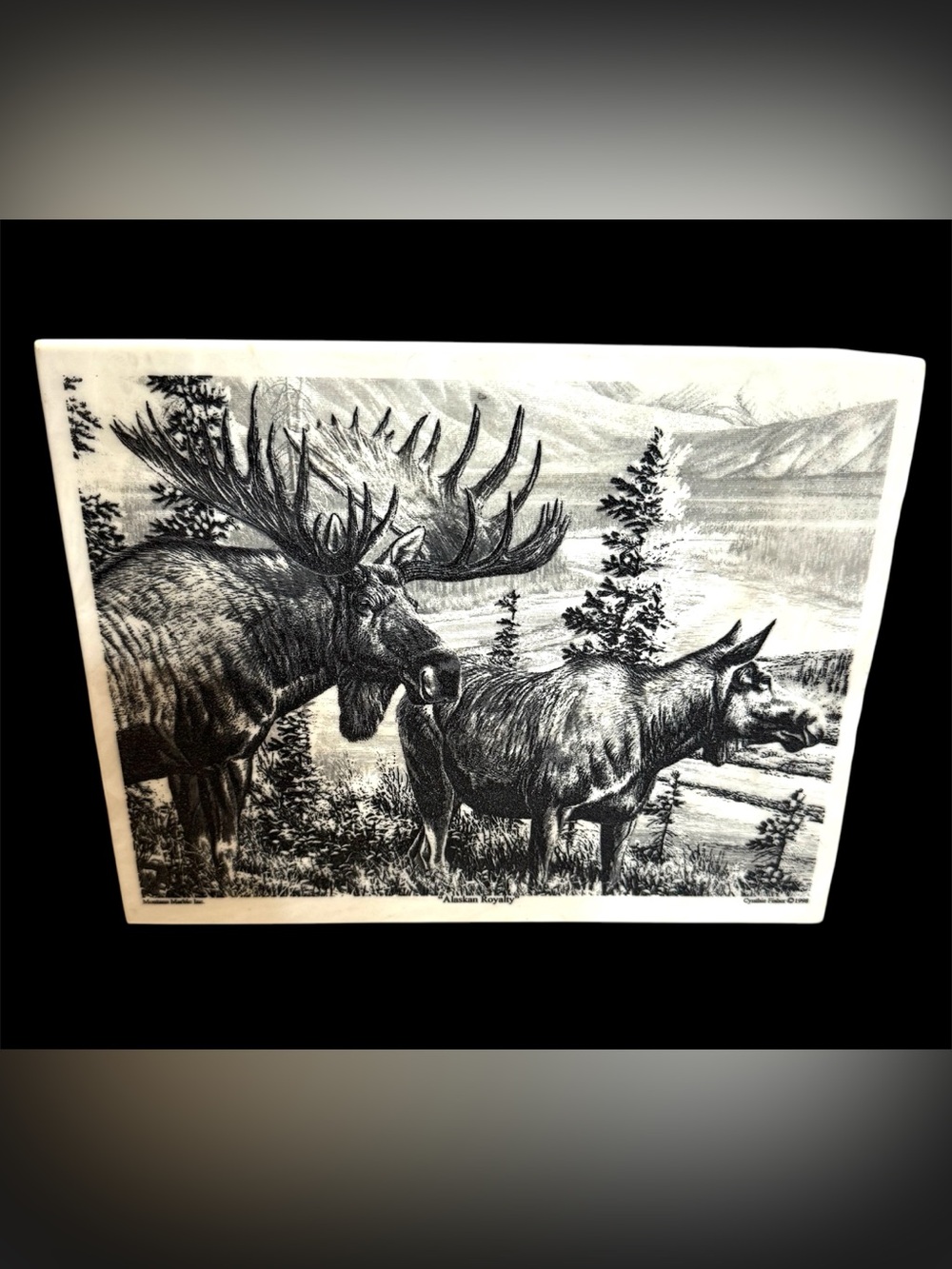 VTG 1998 Cynthie Fisher Alaskan Royalty  Montana Marble Inc. Tile Art Moose